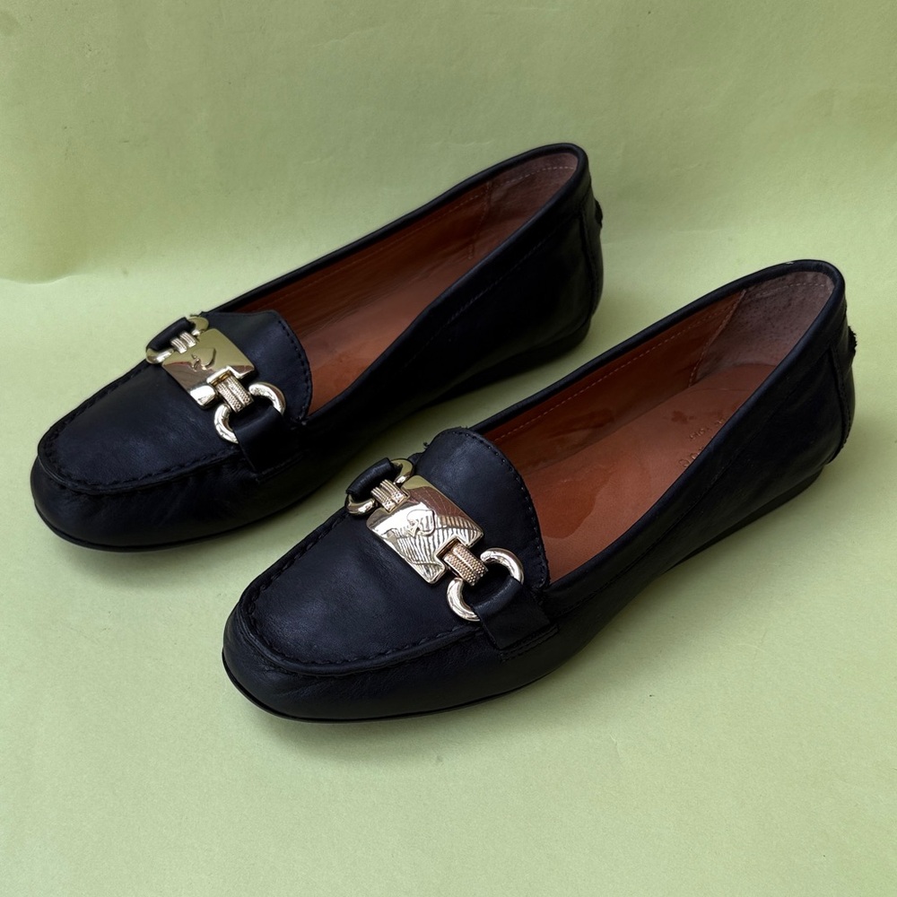 Kate Spade Black Leather Loafers with Gold Details in Front